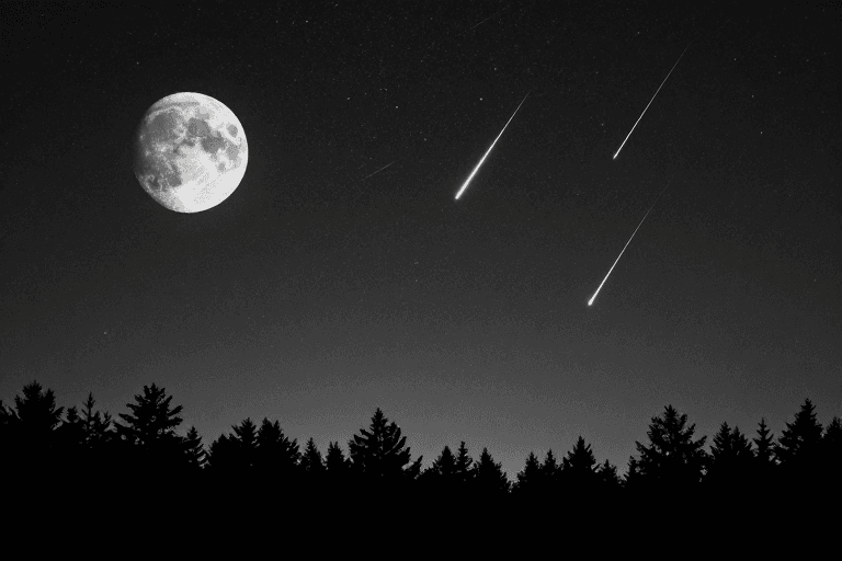 夜空摄影素材：夜空流星与半明暗月：黑白高对比摄影艺术