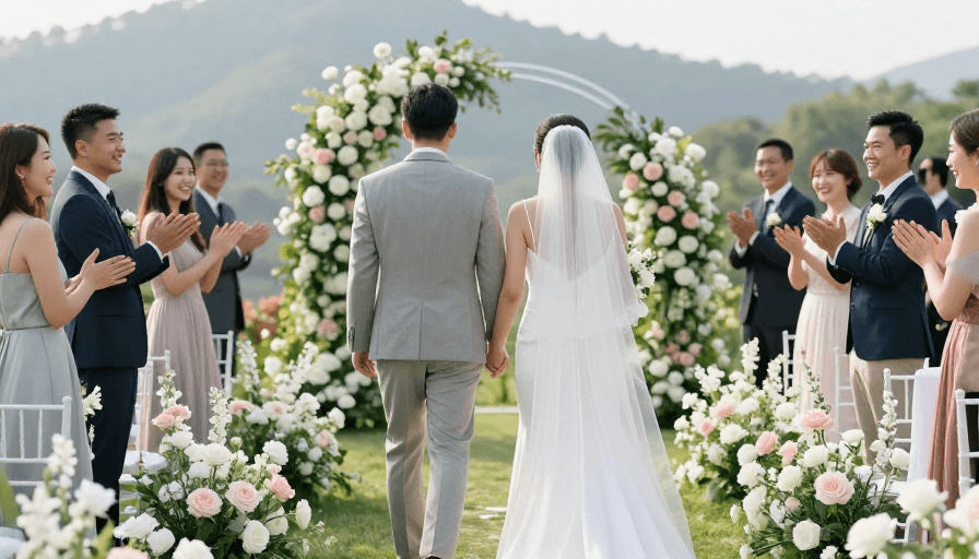 户外摄影素材：亚洲新人携手走向浪漫花拱门
