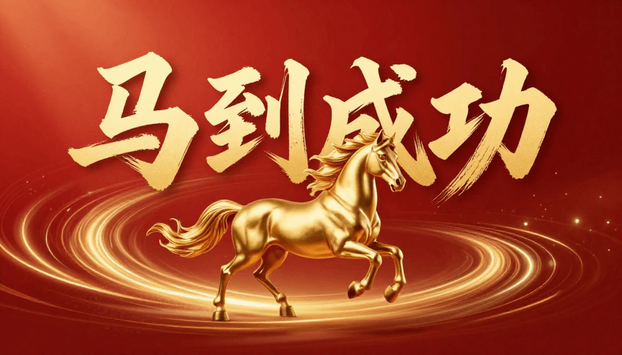 春节贺岁素材：金骏腾飞 马到成功：红金渐变春节贺岁图