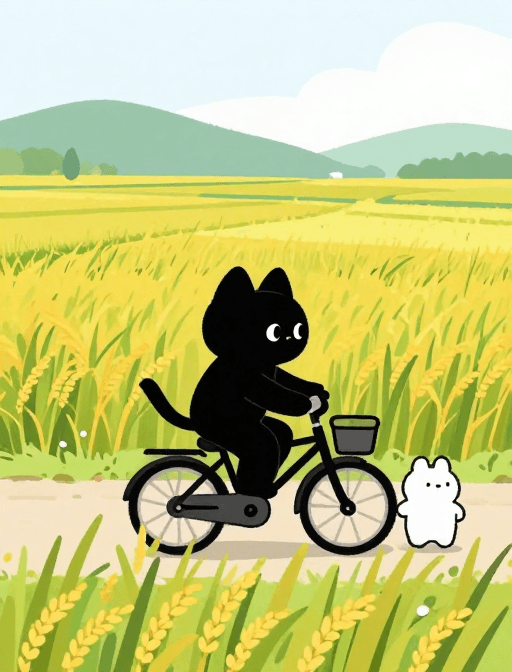二次元素材：简笔画治愈风：黑猫白熊骑行于鲜艳稻田