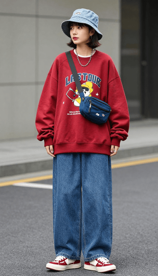 色彩鲜明素材：活力复古街头风少女造型