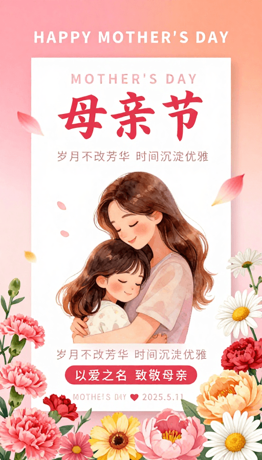 日系插画素材：温暖母亲节海报，日系水彩插画传递母爱与时光之美