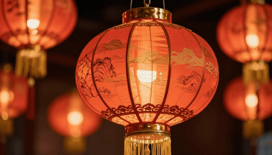 中式灯笼素材：红韵流金：中式灯笼暖光特写