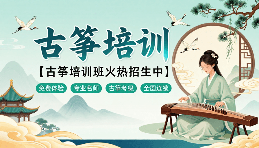招新海报素材：雅致水墨风古筝培训招新海报