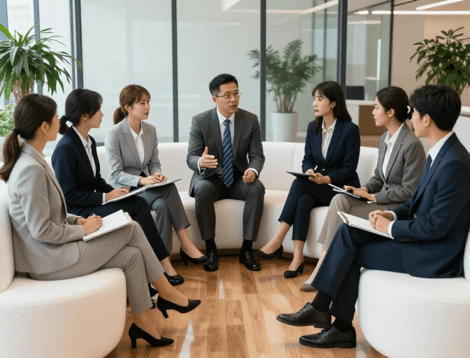 现代办公素材：七人商务会议：现代办公专业协作场景