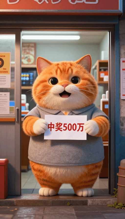 社交媒体素材素材：胖橘猫夜购彩票喜中五百万，实拍中奖瞬间