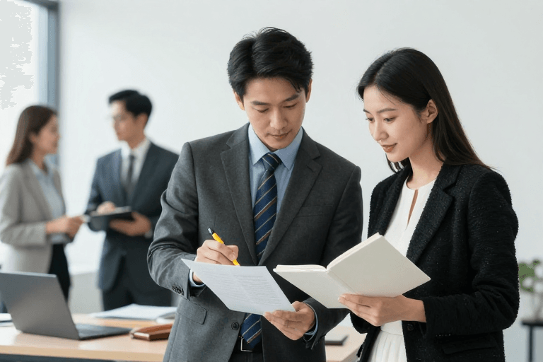现代办公室素材：专业协作：亚洲男女精英在现代化办公室高效审阅文件