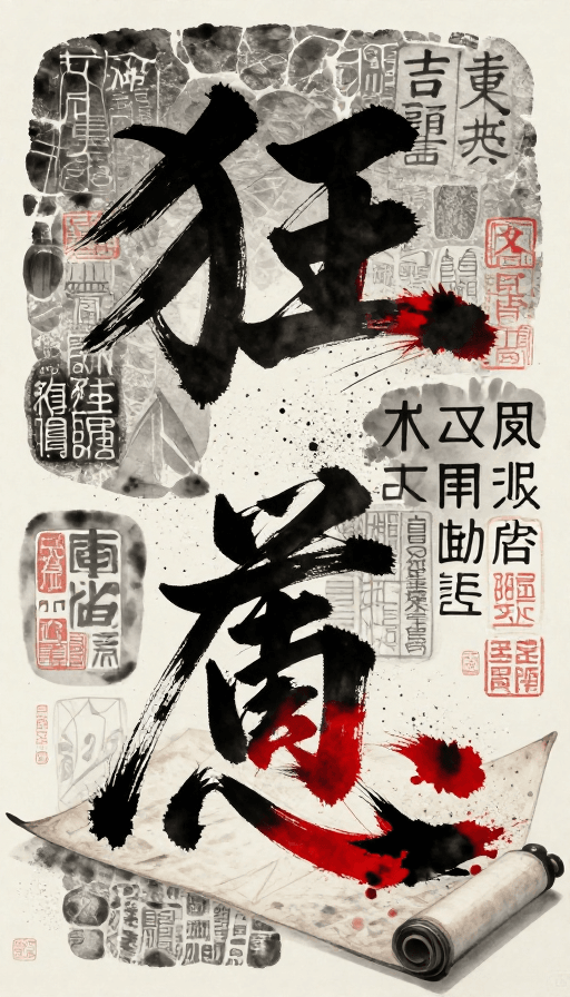 水墨渐变素材：狂草水墨艺术：金石与漆器的动态交响
