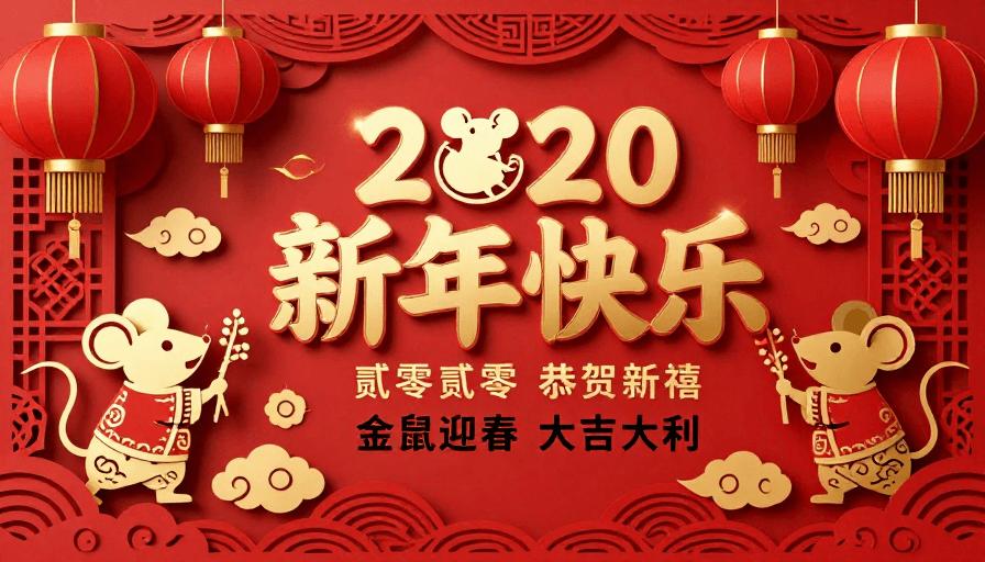 中国风素材：2020鼠年新春贺图：中国红金韵剪纸艺术海报