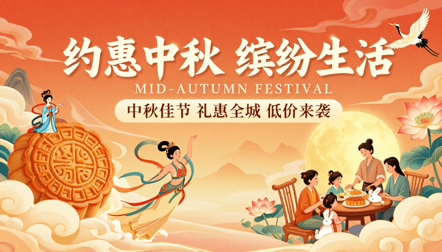 家庭团圆素材：中国风中秋促销海报：约惠缤纷生活