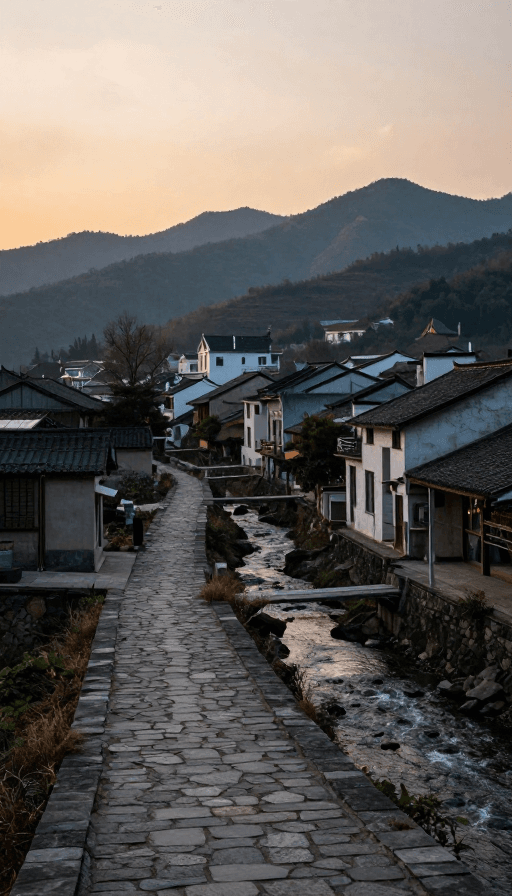 乡村风光素材：云雾山峦间的静谧村庄：石径蜿蜒通向远山