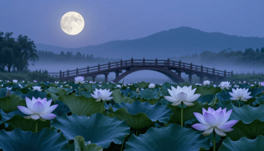 蓝紫主调素材：月夜荷塘清辉：东方美学意境
