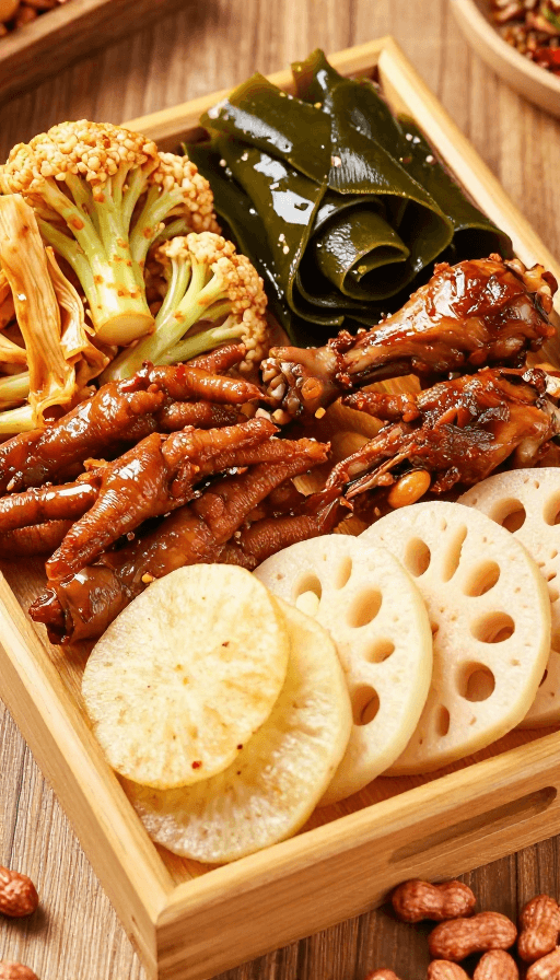 木质托盘素材：丰盈卤味拼盘：木质托盘盛放的美味卤菜与零食