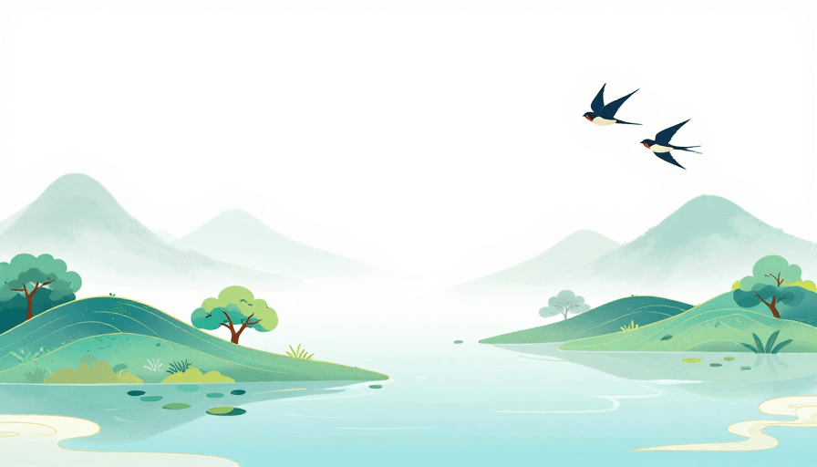 手绘风格素材：青绿山水·宁静悠远中国风插画背景图
