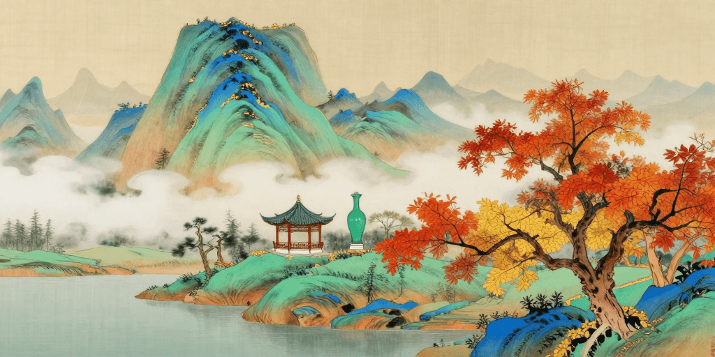 数字绘画素材：青绿秋色图卷·云雾中的东方建筑意境