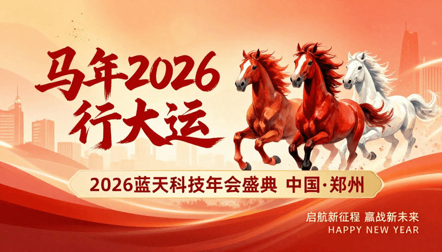 科技年会素材：2026马年迎新，蓝天科技年会喜庆海报