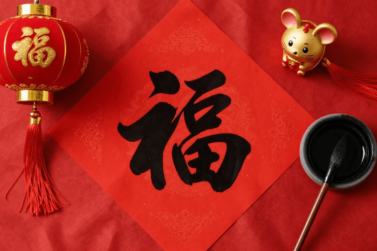 广告用途素材：新春红丝绒上的书法‘福’字与节日装饰