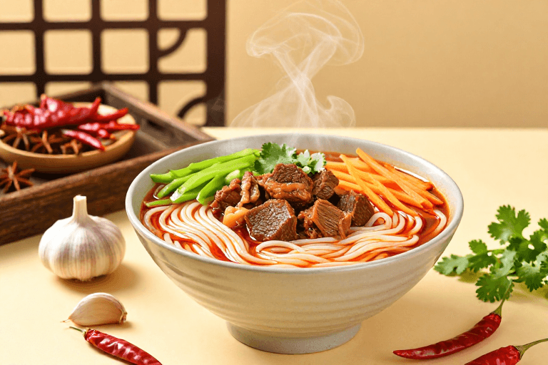 中式料理素材：暖香四溢：中式牛肉米粉的诱人特写