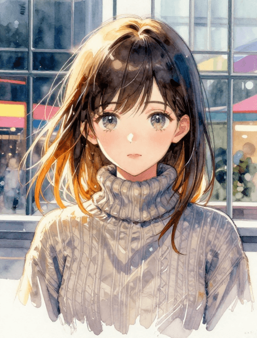 水彩厚涂素材：水彩厚涂少女半身像：丁达尔光晕与霓虹夜景交融