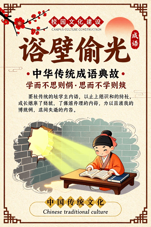 插画艺术素材：古风校园文化：凿壁偷光成语故事