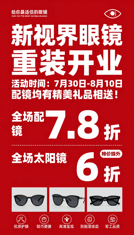 现代简约设计素材：新视界眼镜重装开业促销海报：限时优惠