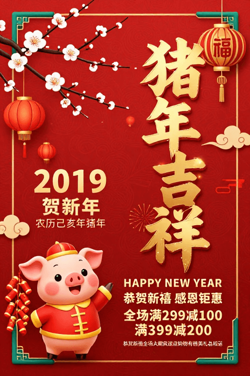 促销活动素材：朱红金辉猪年海报：传统纹样与现代设计融合
