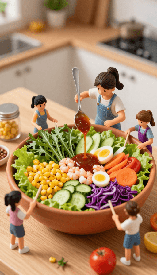 微缩模型素材：萌趣微缩：小人协作制作美味沙拉的温馨场景