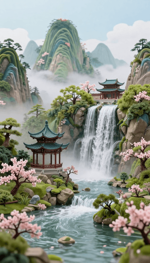 仙境素材：虚幻桃源：青翠仙山间的樱花秘境