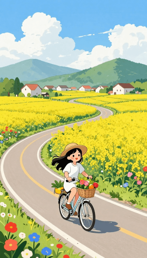 治愈系插画素材：治愈田园：少女骑行在花海与乡间小路上