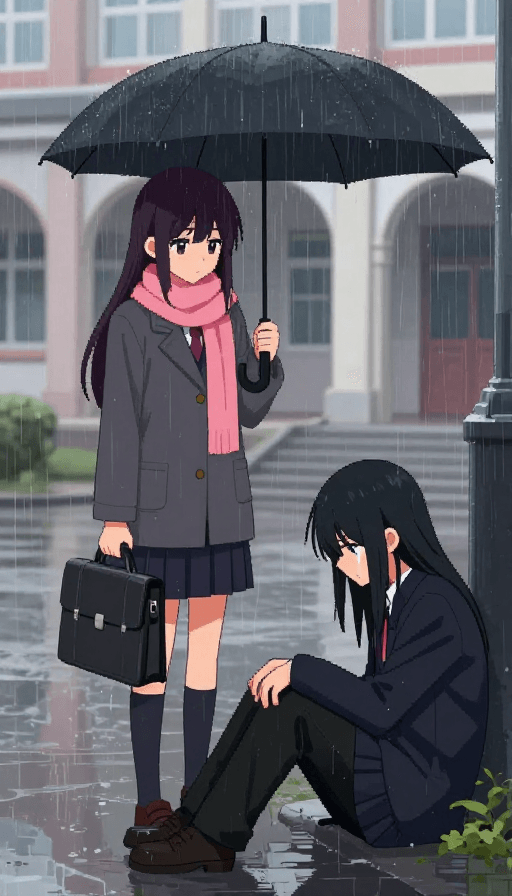 日式动漫素材：雨天校园：日式动画风格的忧伤瞬间