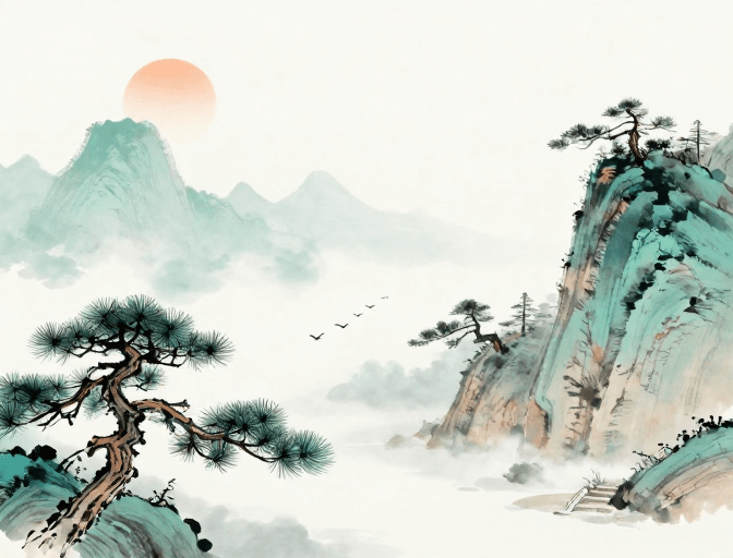 青绿设色素材：淡雅青绿水墨山水画卷，留白意境