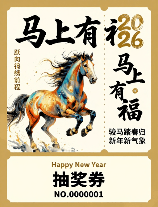 中国风新年素材：水墨骏马奔腾·中国风新年祈福抽奖券设计