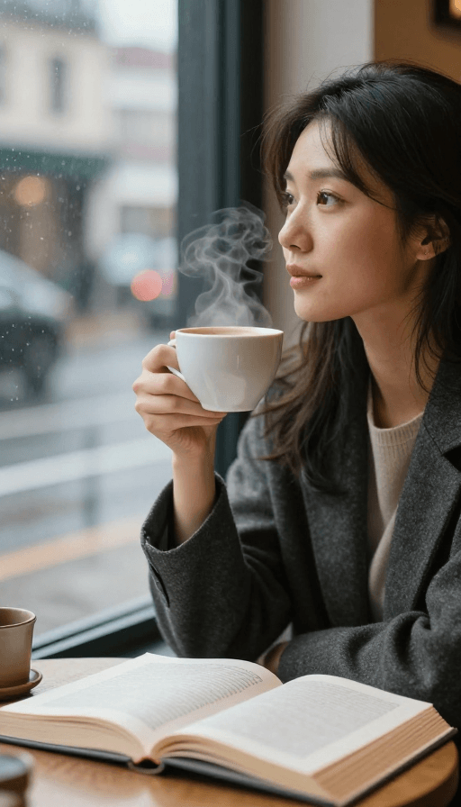 人文摄影素材：雨中的咖啡馆：女子的宁静时光