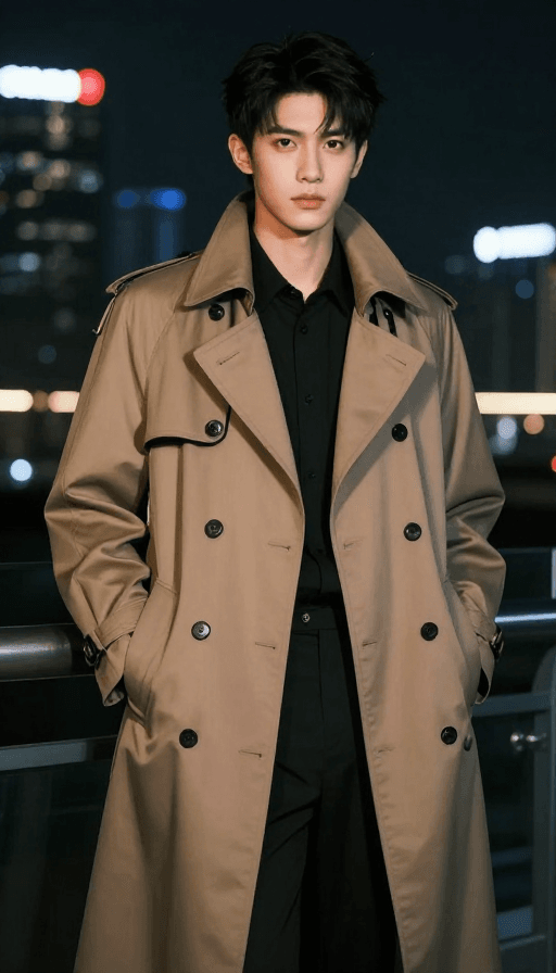 城市夜景素材：都市夜景中的高傲少年：时尚风衣与立体五官