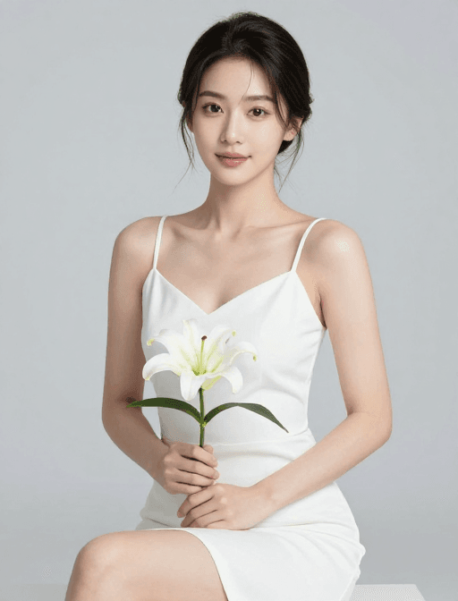 人像摄影素材：亚洲女性持白百合优雅婚纱风格摄影