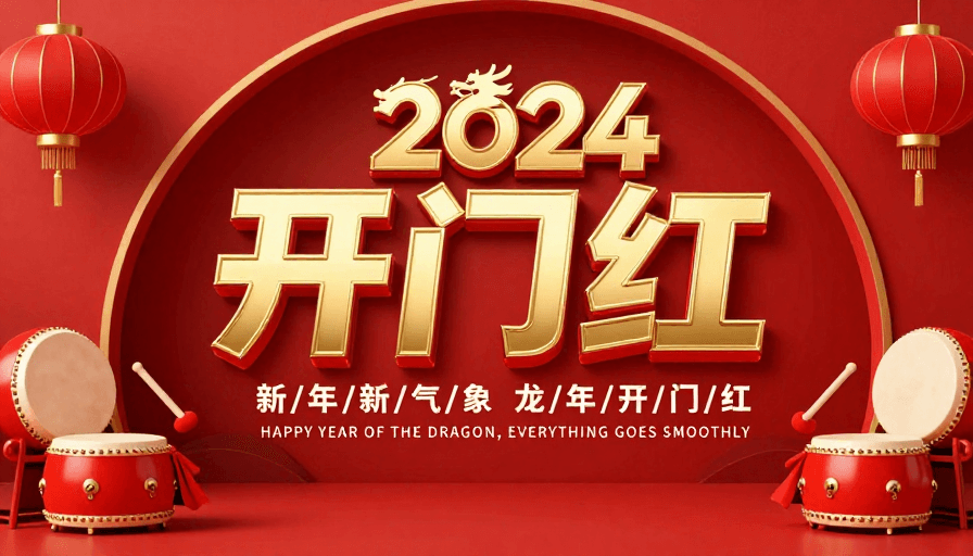 立体浮雕素材：立体金色‘开门红’龙年新年海报，喜庆中国风设计