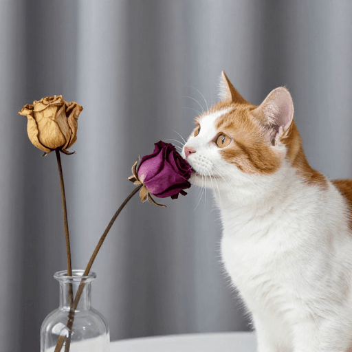 细节特写素材：橘猫轻吻枯玫瑰：柔光下的温情瞬间