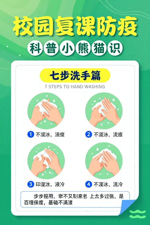 卡通设计素材：清新校园防疫科普海报：七步洗手指南设计