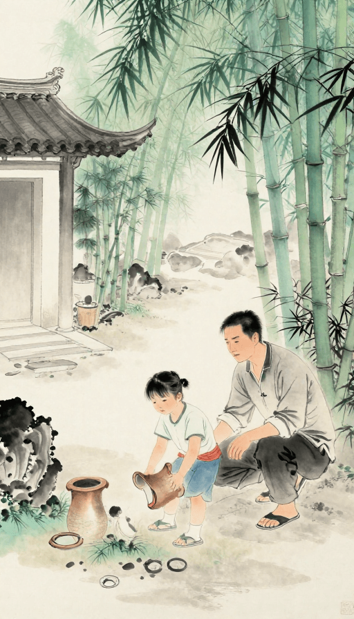 亲子互动素材：水墨庭院教子图：父子温情互动