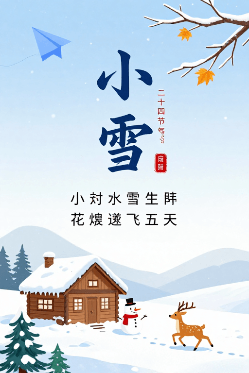 #小雪节气素材：小雪节气诗意海报：淡雅冬日与童趣插画融合