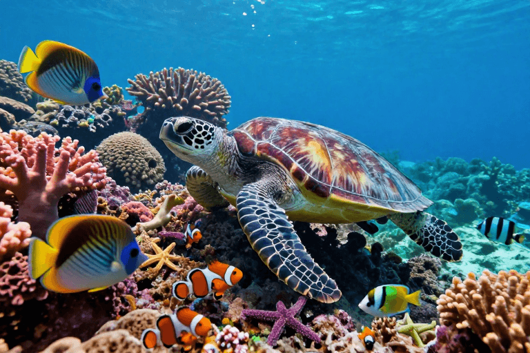 海底生态素材：热带珊瑚礁生态：海龟与缤纷鱼群的海底画卷