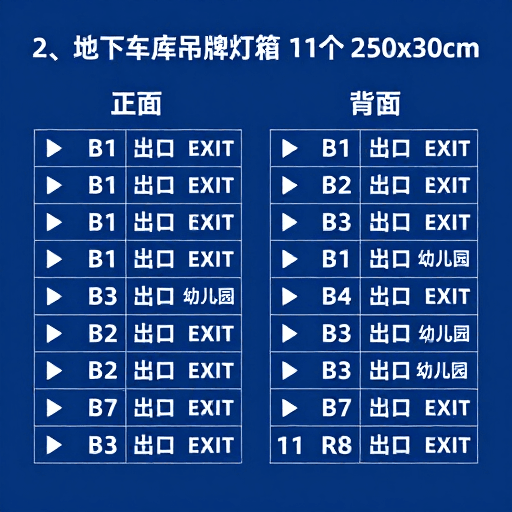 视觉层级素材：地下车库导视灯箱设计图，深蓝色现代简约风格