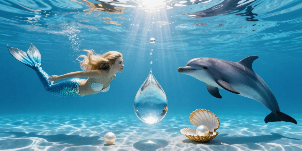 海洋主题素材：水下梦幻：美人鱼与海豚共舞的童话海洋