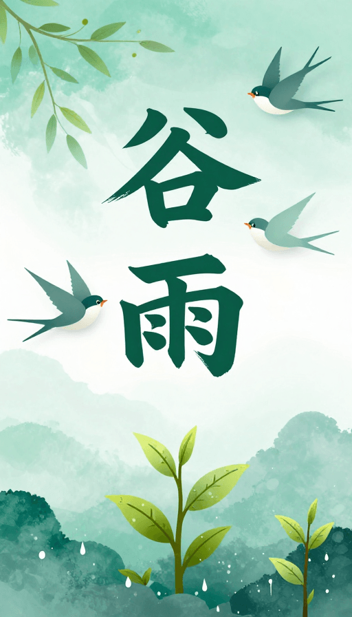 矢量插画素材：谷雨·水墨春风：中国风剪纸燕子嫩芽节令插画
