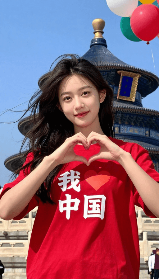 爱国主题素材：红衣少女心形手势：北京天坛下的国庆爱恋