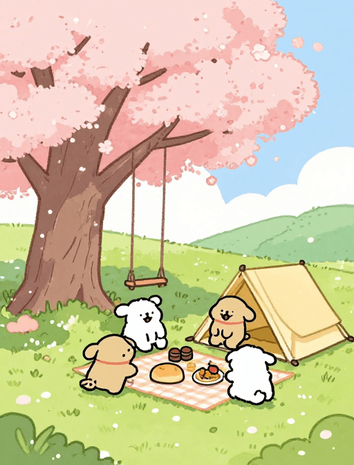 光影效果素材：樱花树下的水彩野餐：温馨卡通兔家