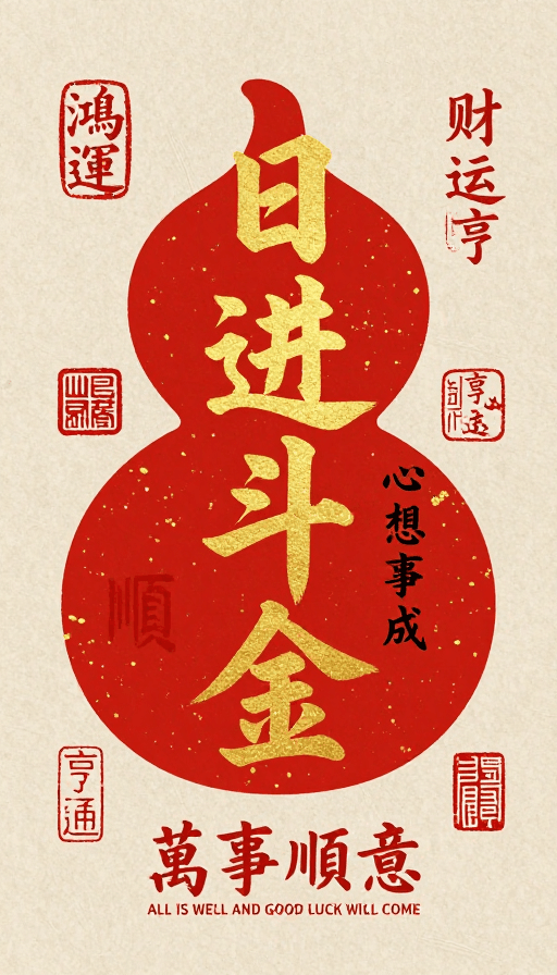 财富主题素材：国潮书法：日进斗金与万事顺意的喜庆祝福