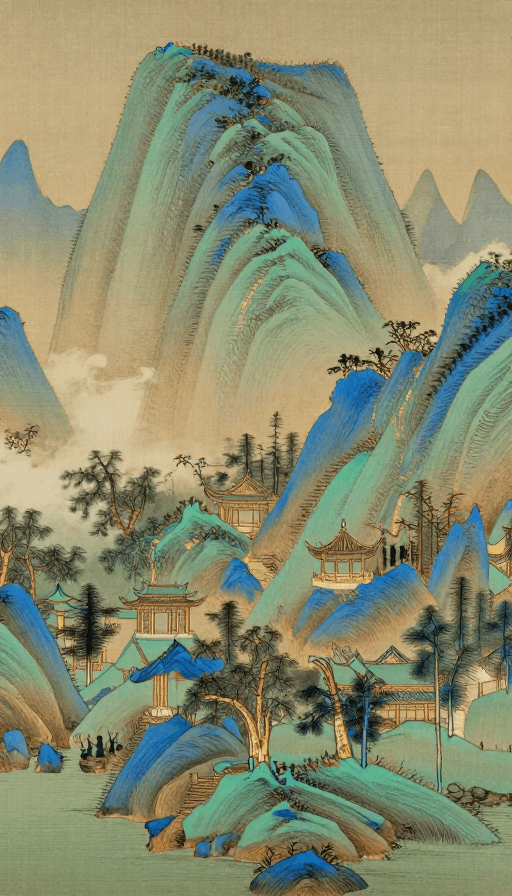 蓝绿色水墨素材：蓝绿工笔山水：金色山线与精致亭台楼阁
