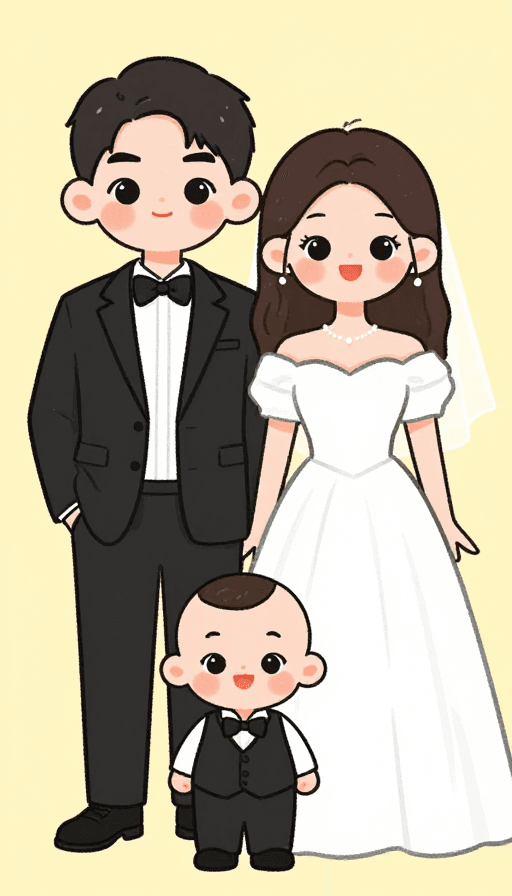 亲子互动素材：温馨卡通家庭：夫妻携子女欢乐时光