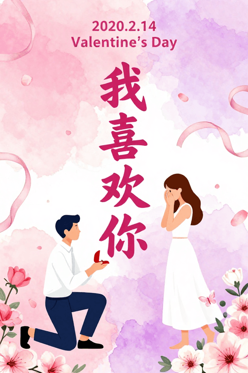 情人节素材：浪漫情人节表白插画：粉色梦幻水彩风